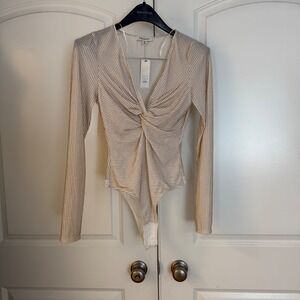 Francesca's Metallic Gold Stripe Twist Front V-Neck Bodysuit Ivory Medium NWT